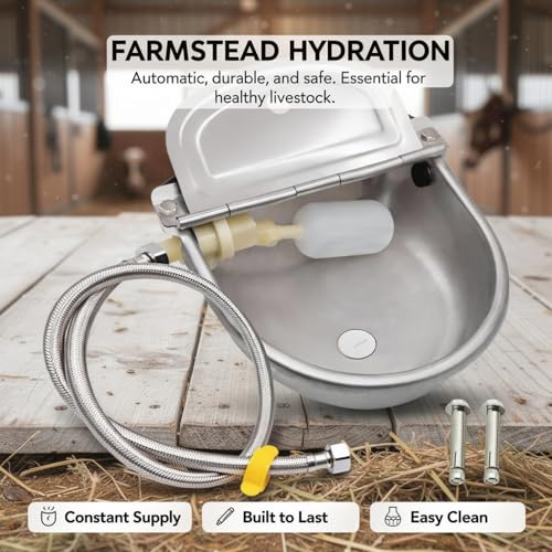 Livestock Water Trough, 304 Stainless Steel, Automatic Refill with Float Ball, Adjustable Water Level, for Cows, Horses, Sheep, Goats, Dogs, 10.6 x 7.3 in