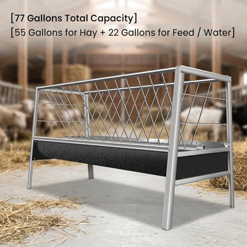 Farm Livestock Feeder, 2-in-1 Stainless Steel Goat Feeder, 77 Gallon Anti-Waste Hay Feeder with Rubber Trough, Heavy Duty for Goats, Sheep, Pigs, Ideal for Barn, Horse Farm, Outdoor Pen