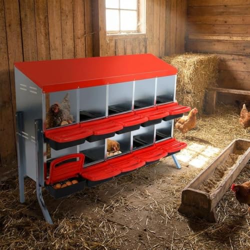 GarveeHome 2-Tier Chicken Nesting Box, 10 Compartment Metal Chicken Laying Boxes with Waterproof Roof & Removable Trays for Hens, Poultry,Easy Egg Collection - color: Red, size: 10 holes with legs