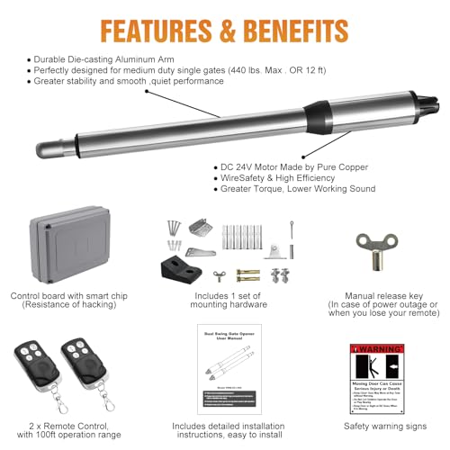 JUJIANG C01 Automatic Gate Opener with Remote Complete Kit for Single Swing Gate Up to 440lb 16FT, Electric Gate Opener Medium Duty Single Swing Gate Opener Automatic Gate Motor 40W AC Powered - style: 440lb Single gate opener