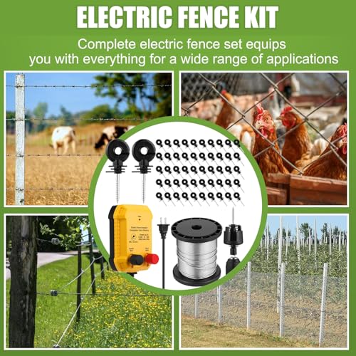 MorningRo Electric Fence Charger Set 110VAC 0.25 Joule Electric Plug in Fence to Contain Pet Poultry Keep Rodent, 50 Black Insulator and 1 Socket Tool 250ft Aluminum Wire for Garden Pond Protection - style: 0.25 Joule