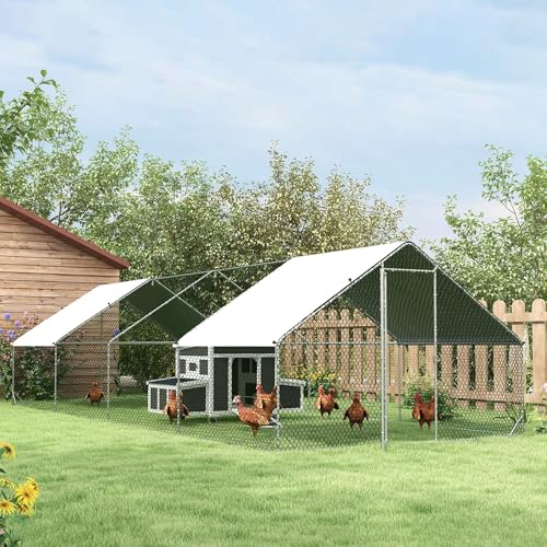 PawHut Large Chicken Coop Metal Chicken Run with Waterproof and Anti-UV Cover, Spire Shaped Walk in Fence Cage Hen House for Outdoor and Yard Farm Use, 1" Tube Diameter, 9.8' x 26.2' x 6.6' - size: 9.8' x 26.2' x 6.6'