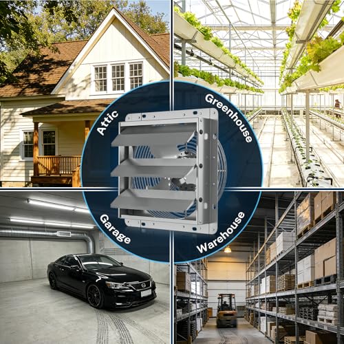 Hon&Guan 10 Inch Shutter Exhaust Fan with Stepless Speed Controller, 647 CFM High Airflow, 1600 RPM Wall Vent Fan, Automatic Gravity Shutters, Easy Install for Garage, Shed & Greenhouse, Gunmetal Gray - color: Gray, size: 10 Inch