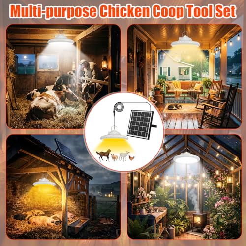 Solar Chicken Coop Light with Remote & Timer, Dusk to Dawn Hanging Pendant Light for Shed Barn Farm Poultry, Dual Charge(solar & USB), Waterproof Dimmable LED Ceiling Lamp with 14.7ft Cord
