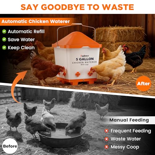 Eggluuz 5 Gallons Chicken Waterer Bucket with Horizontal Nipples, Adjustable Legs and Anti-Roost Cone