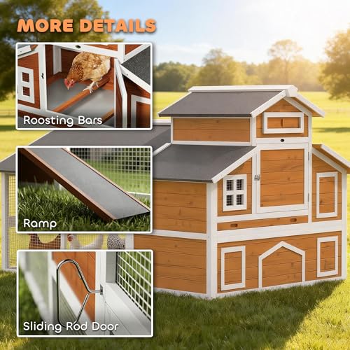 PawHut 79" L Chicken Coop for 6 Chickens Outdoor Wooden Hen House Poultry Cage with Run, 2 Nesting Boxes, Slide-Out Tray, Sliding Rod Door, Roosting Bar, Waterproof Asphalt Roof, Orange