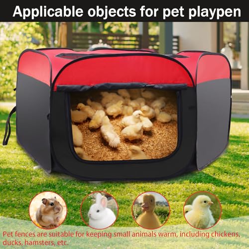 Foldable Brooder Box for Chick,Chick Fence Portable Dog Playpen Cage with Floor Mat, Large Dog Tent Oxford Fabric Cage Indoor/Outdoor, Red and Black