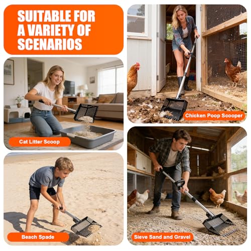 Chicken Poop Scooper,10-INCH Adjustable Angle Chicken Coop Scoop,3-in-1 Sand Rake with Stainless Steel Handle(36"-63"),Chicken Coop Litter Scoop Sand Sifting Shovel Pooper Scooper - size: 63.0"L x 10.0"W x 8.3"H