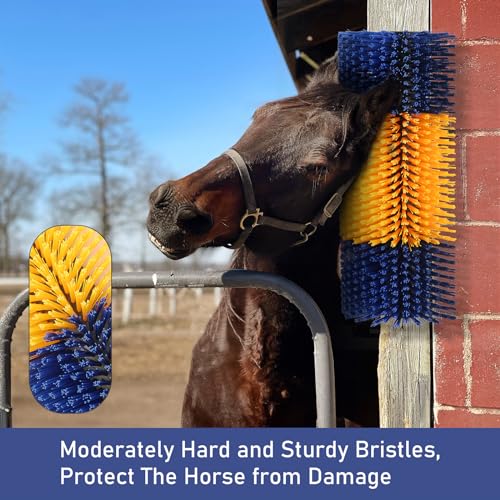 Livestock Scratch Brush, 2 Pcs Cow Brush with 4 Screws, Cattle Scratcher, Horse Brushes for Grooming, Cattle Supplies for Horse, Goat, Cow, Pig Scratching Itch Relief (Blue & Yellow)