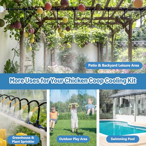 Kalolary 100FT Chicken Coop Misting Cooling System with 25 Mist Nozzles Brass Adapter (1/4"), Quick Connect Tubing Fittings Poultry Cooling System for Cooling Summer Heat Garden, Greenhouse, Patio - color: 100FT Blue