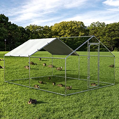 ORANLAND Large Metal Chicken Coop, 9.9x9.9x6.6ft Walk-in Chicken Runs with Cover, Spire Roof Chicken Pen with Security Lock, Outdoor Duck Rabbit Cage Poultry Pen for Backyard, Farm, Yard - size: 118.2"L x 118.2"W x 76.8"H