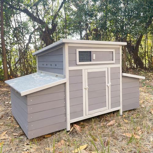 Chicken Coop, 58" Wooden Chicken Coop with 2 Sides Large Nesting Boxes for 4-6 Chickens, Poultry Hutch Rabbit Cage with No-Slip Ramp & Pull-Out Tray for Outdoor Farm Yard (Dark Grey) - color: Dark Grey