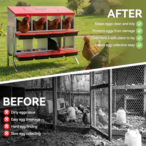 8 Holes Metal Chicken Nesting Box, Heavy-Duty Rustproof Egg Laying Box with Roll Away Tray & Bracket Legs, Nest Boxes for Hens - Easy Egg Collection & Cleaning, Red (8 Holes)