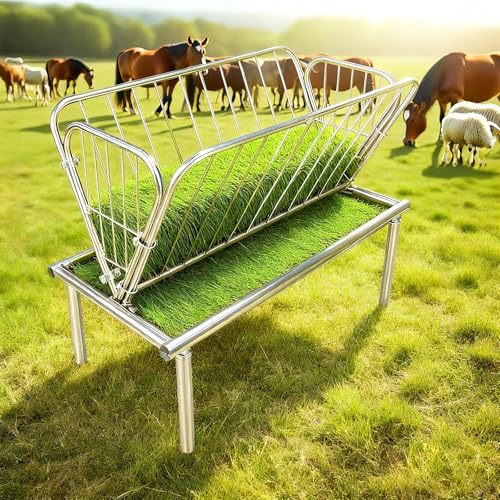 4FT Long Pasture Hay Feeder, 2 in 1 Durable Hay Feeder with Galvanized Steel Frame,Goat Hay Feeder with 6 in Deep Extra Feeding Pan, Livestock Feeder for Goats, Sheep and Horses, Silver - color: Silver