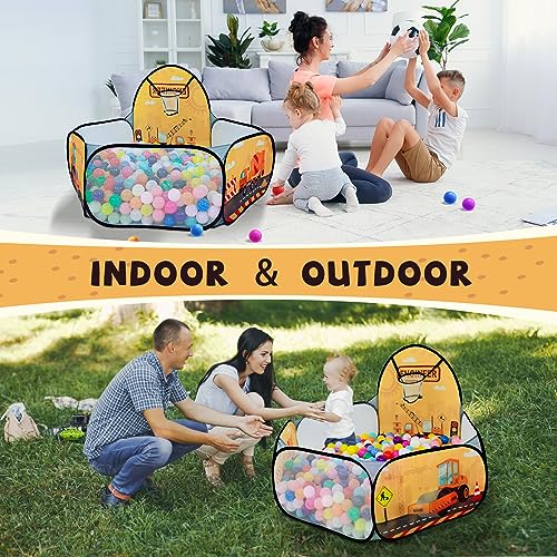 Kids Ball Pit, Pop Up 3+Children Play Tent, Toddler Ball Pool Baby Crawl Playpen with Basketball Hoop, Portable Toys for Girls Boys, 4 ft / 120 cm, Balls Not Included, Engineering Car - style: Engineering Car