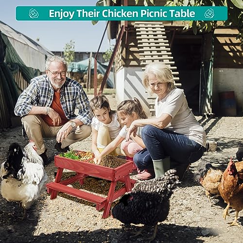 Chicken Picnic Table, Chicken Feeder No Waste Handmade Wooden, Large DIY Chicken Feeder Kit, Wild Bird, Duck & Squirrel Feeders, Mesh Bottom Keep Food Fresh and Dry Easy to Clean and Fill(Red Paint - color: Red Solid Wood