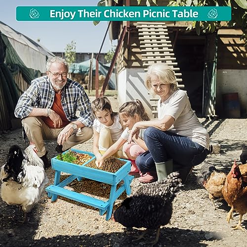 Chicken Picnic Table, Chicken Feeder No Waste Handmade Wooden, Large DIY Chicken Feeder Kit, Wild Bird, Duck & Squirrel Feeders, Mesh Bottom Keep Food Fresh and Dry Easy to Clean and Fill(Blue Paint) - color: Blue Solid Wood