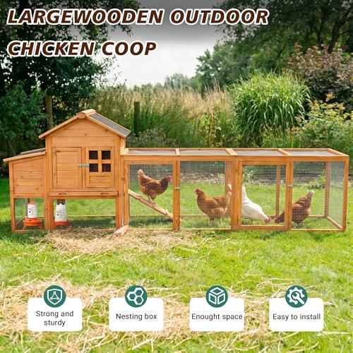 Large Chicken Coop for 4-6 Chickens with Attached Run, Predator Proof Hen House with Waterproof Asphalt Roof & Removable Cleaning Tray