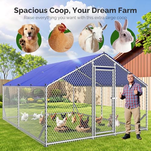 Sino Luban Metal Large Chicken Coop Run for Yard with Waterproof Cover, Chicken Runs for 20 Chickens/Ducks, Chicken Pen Chicken Enclosure Outdoor, Walk-in Poultry Cage (Upgrade Support Brace) - size: 11.8x8.9 FT
