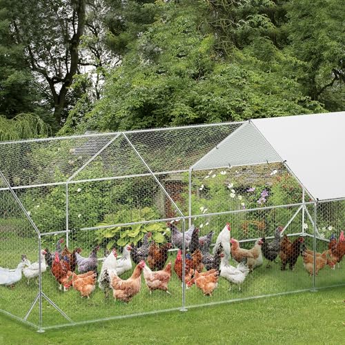 Large Metal Chicken Coop, 19.7'L x 9.8'W x 6.6'H Walk-in Poultry Cage, Chicken Run Pen House with Waterproof & Anti-Ultraviolet Cover Chicken Coop Run for Outdoor Backyard Farm - size: 118.1"L x 236.2"W x 78.7"H