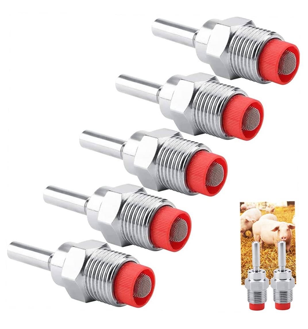 Pig Nipple Drinker Waterer Thread Stainless Steel Pig Waterer Nipple Fountains Drinkers with Red Cap Long Rod for Sows Piglets Drinking Wat 5 pcs