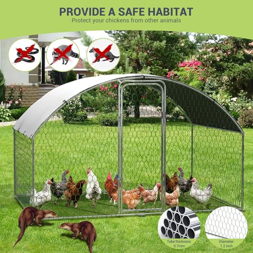 Large Metal Chicken Coop, Large Chicken Coop for Yard, Walk-in Poultry Cage with Waterproof and Anti-Uv Cover, Chicken Run for Outdoor Backyard Farm, Doom Roof, 9.8×6.5×6.5ft,Silver - size: 9.8 x 6.5 x 6.5 ft