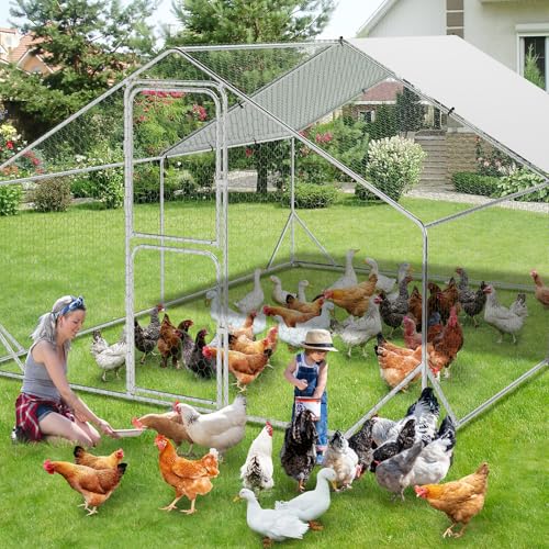 GarveeHome Large Walk in Chicken Coop, 9.8 x 13.1 x 6.6 FT Metal Poultry Cage with Double Doors, Chicken Runs for Yard with Cover for Outdoor Farm Yard - size: 9.8' W x 13.1' L x 6.5' H