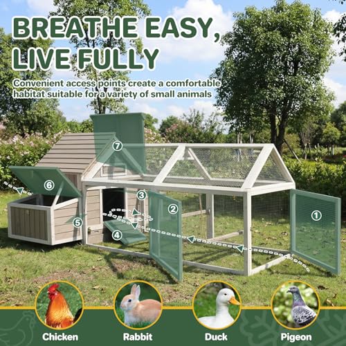 83'' Large Chicken Coop Outdoor with Run, Wooden Chicken Coops with Two Nesting Boxes, Pull-Out Trays, 4 Perches for Backyard, Poultry Cage House with Ramp for Hen, Bunny, Duck, Grey - size: 82.9"L x 57.9"W x 39.4"H