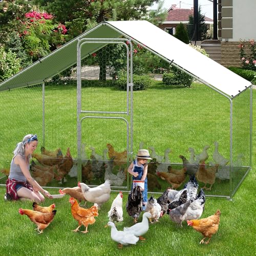 Garvee Large Metal Chicken Coop with Waterproof and Anti-UV Cover, Walk-in Poultry Cage with Double Door, Large Chicken Run for Backyard Farm Use, 9.8x6.5x6.5 ft - size: 118.1"L x 78.7"W x 78.7"H