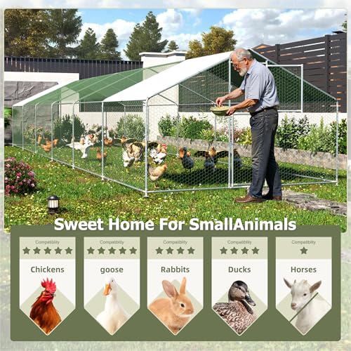 Large Metal Chicken Coop,19.7x9.8x6.4 FT Chicken Run for Yard with Waterproof & Anti-UV Cover,Walk in Chicken Pen with Feeding Door (39.4 * 9.8 * 6.4 ft) - size: 39.4*9.8*6.4 ft