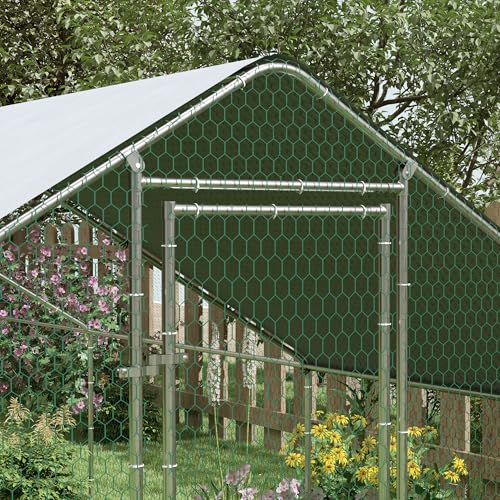 PawHut Large Chicken Coop Metal Chicken Run with Waterproof and Anti-UV Cover, Spire Shaped Walk in Fence Cage Hen House for Outdoor and Yard Farm Use, 1" Tube Diameter, 9.8' x 32.8' x 6.4' - size: 393.7"L x 118.1"W x 76.8"H