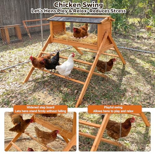Chicken Perch for Coop, 3 in 1 Design Chicken Nesting Boxes with Roof, Swing and Perches, Wooden Chicken Nesting Boxes for Laying Eggs