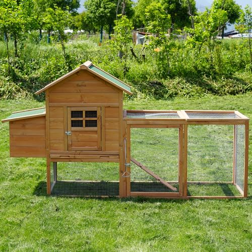 Morngardo Outdoor Chicken Coop for 2-4 Chickens, Wooden Hen House Poultry Cage Rabbit Hutch with Ramp, Nesting Box, Tray, Roosting Bar, 4 Access Areas