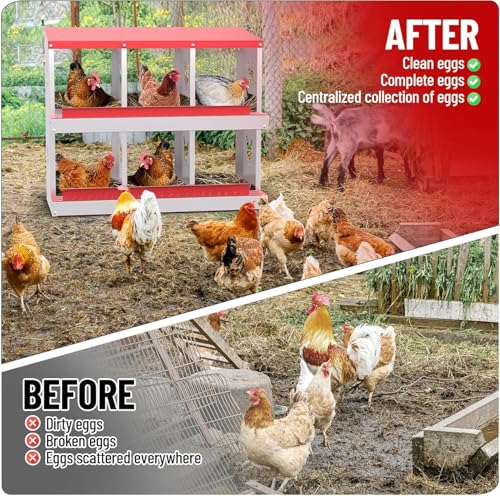 Chicken Nesting Box, 6 Compartment Metal Chicken Nesting Boxes for Chicken Coop, Large Vented Holes Chicken Laying Boxes with Rollout Egg Collection, Wall Mount Chickens Coops - color: Red, size: 6 Holes