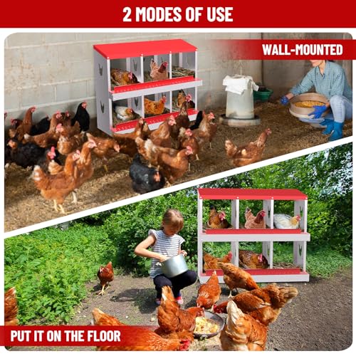 Heavy-Duty Galvanized Steel Chicken Nesting Box – 6 Large Vented Compartments, Rollout Egg Collection, Rustproof, Wall-Mount, Easy Clean – Red - color: Red, size: 6-Holes
