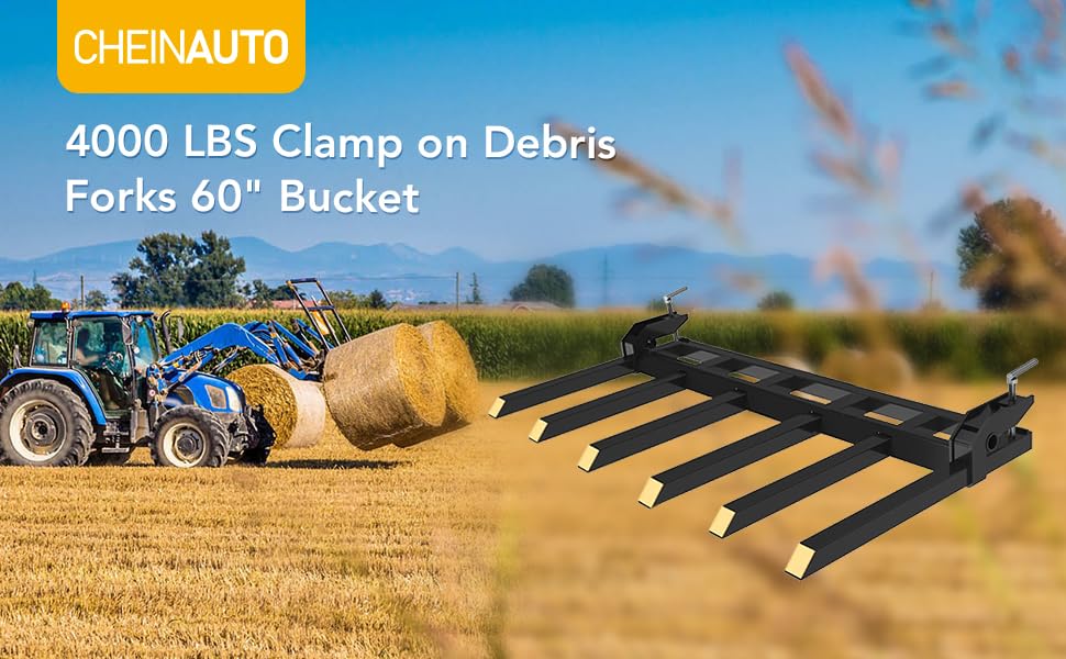 Clamp On Debris Forks 60" Bucket, 4000 lbs Capacity Heavy Duty Clamp On Pallet Forks Bucket Attachments, Fit for Loader Bucket Skidsteer Tractor - size: 60 inch Debris Forks2