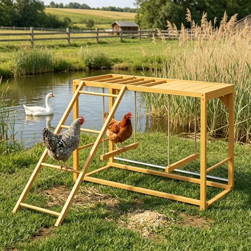 Wooden Chicken Activity Center with Ladder, Swings, and Perches, Fir Wood, 39.25" x 43.25" x 27.5", Yellow