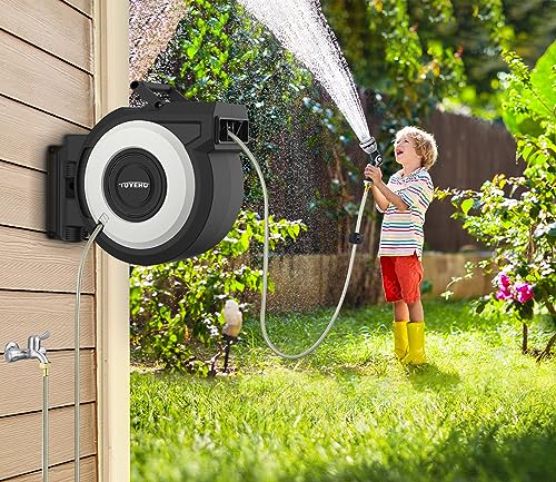 Tuyeho Retractable Garden Hose Reel 90 FT, Wall Mount Heavy Duty Water Hose Reels with Automatic Slow Rewind System, Outdoor Hoses Reel with 2 Hose Nozzles for Garden Watering, Car Wash, Pet Shower - size: 1/2" 90FT