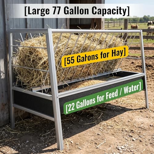77 Gallon Rustproof Hay Feeder, Stainless Steel Livestock Feeder with Rubber Trough, Anti-Waste Farm Feeding Station for Goats, Sheep, Calves and Horses Ranch Supplies