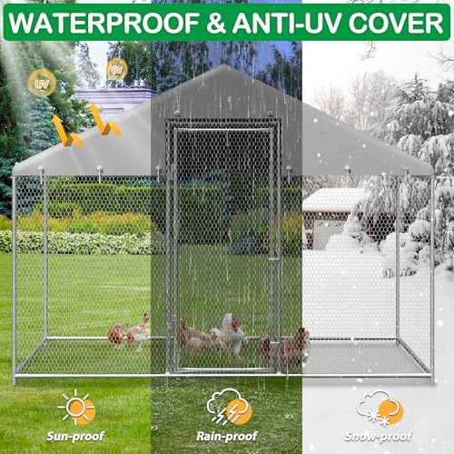 Metal Chicken Coop, Large Walk-in Chicken Run with Waterproof Cover, Spire Roof Hen House Poultry Cage for Outdoor, Backyard,Farm(6.43'Wx9.71'Lx6.41'H) - size: 116.5"L x 76.8"W x 76.5"H