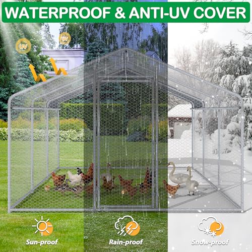 Large Metal Chicken Coop, Walk-in Chicken Run Pen with Waterproof Cover, Spire Roof Hen House Poultry Cage for Outdoor, Backyard, Farm(8.9x19 FT) - size: 227.0"L x 107.5"W x 77.0"H