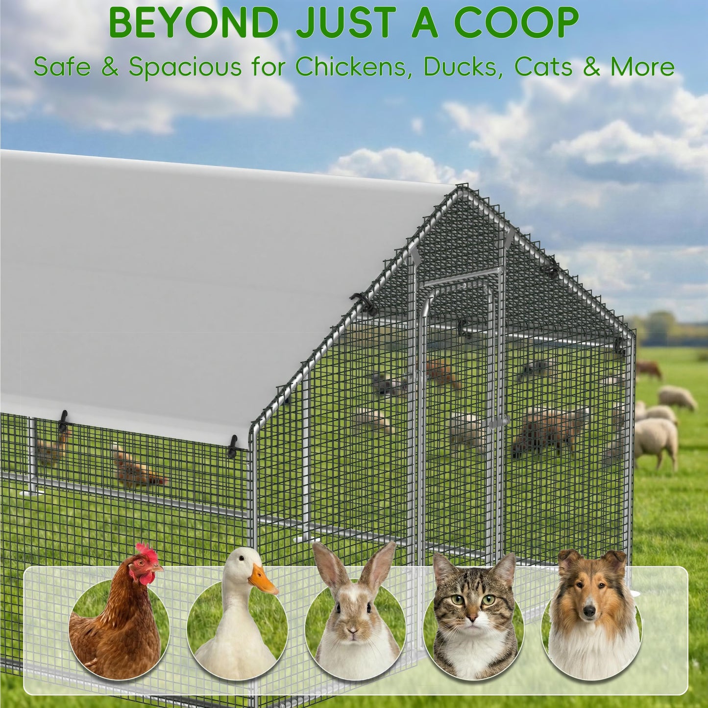 Large Metal Chicken Coop Run with Roosting Perch, Outdoor Poultry Cage with Heavy Duty Wire Mesh and UV-Resistant Cover for Chickens Use, Spire Roof (8.9'W x11.8'L x 6.6'H) - size: 141.8"L x 106.3"W x 78.3"H