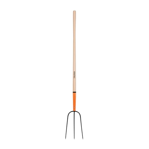 Truper 3-Tine Hay and Straw Fork, Manure Fork, 48-Inch Heavy-Duty Wood Handle, Single-Piece Forged Steel Agriculture and Pitchfork Tool (Model 11000 / BPJ-3)