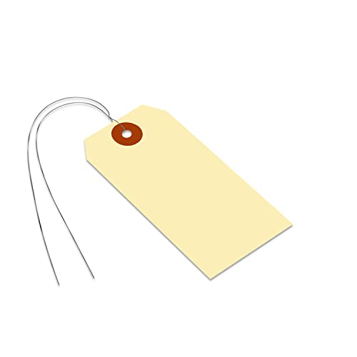 SmartSign Blank Manila Shipping Tags with Wire, Size-4, Pack of 100, 13pt Thick Prewired Cardstock Tag, 4.25 x 2.125 inch Paper Hang Tags with Reinforced Fiber Patch - size: 4 1/4" x 2 1/8", style: Metal Wires - 100 Tags