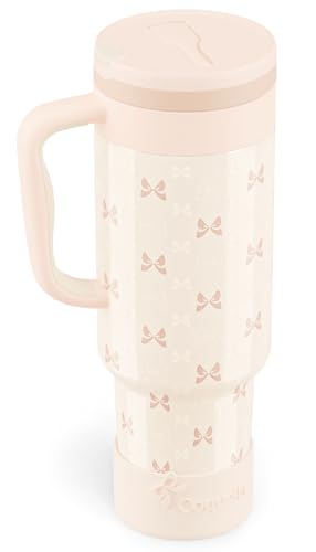 40 oz Insulated Tumbler with Handle and Push-Button Straw Lid, Stainless Steel Travel Cup for Gym Office, Leakproof, BPA-Free, Cup Holder Friendly, Bow Silicone Boot, Cream (Bow Cream) - color: Bow Cream