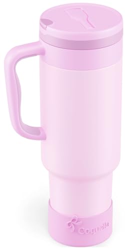 40 oz Insulated Tumbler with Handle and Push-Button Straw Lid, Stainless Steel Travel Cup for Gym Office, Leakproof, BPA-Free, Cup Holder Friendly, Bow Silicone Boot, Purple (Light Lilac) - color: Light Lilac