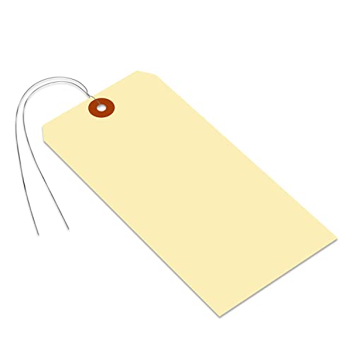 SmartSign Blank Manila Shipping Tags with Wire, Size-10, Pack of 100, 15pt Thick Prewired Cardstock Tag, 7.25 x 3.625 inch Paper Hang Tags with Reinforced Fiber Patch - size: 7 1/4" x 3 5/8", style: Metal Wires - 100 Tags