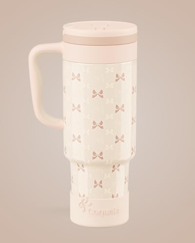 40 oz Insulated Tumbler with Handle and Push-Button Straw Lid, Stainless Steel Travel Cup for Gym Office, Leakproof, BPA-Free, Cup Holder Friendly, Bow Silicone Boot, Cream (Bow Cream) - color: Bow Cream