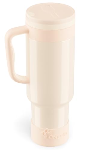 40 oz Insulated Tumbler with Handle and Push-Button Straw Lid, Stainless Steel Travel Cup for Gym Office, Leakproof, BPA-Free, Cup Holder Friendly, Bow Silicone Boot, Cream (Cloudy Cream) - color: Cloudy Cream