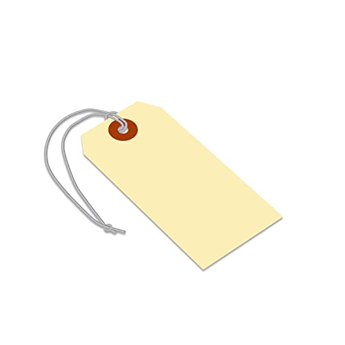 SmartSign Blank Manila Shipping Tags with Elastic Strings - Pack of 250, Size-4, 13pt Thick Pre-Strung Cardstock Tag, 4.25 x 2.125 inch, Paper Hang Tags with Reinforced Fiber Patch, Made in USA - size: 4 1/4" x 2 1/8", style: Elastic Strings - 250 Tags